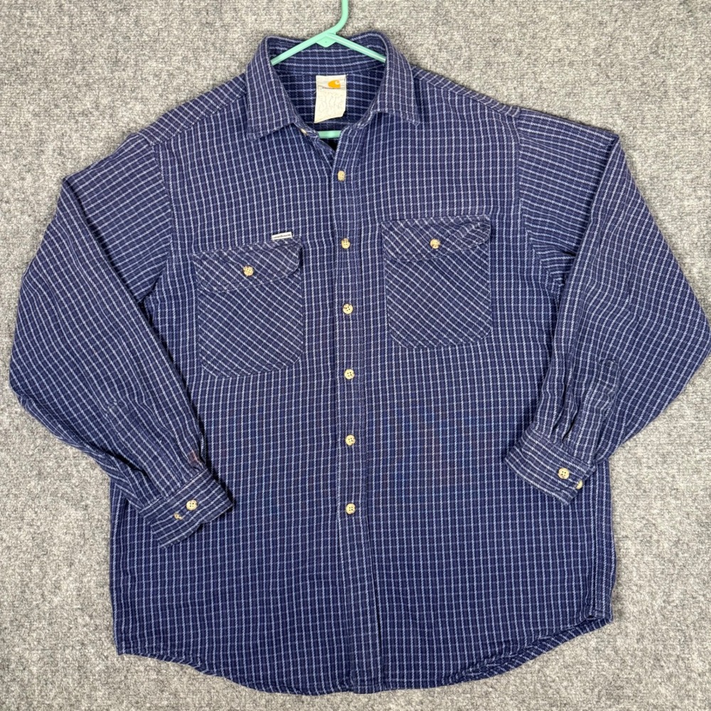 Vintage Carhartt Plaid Flannel Long Sleeve Men's Large Union Made Blue Workwear